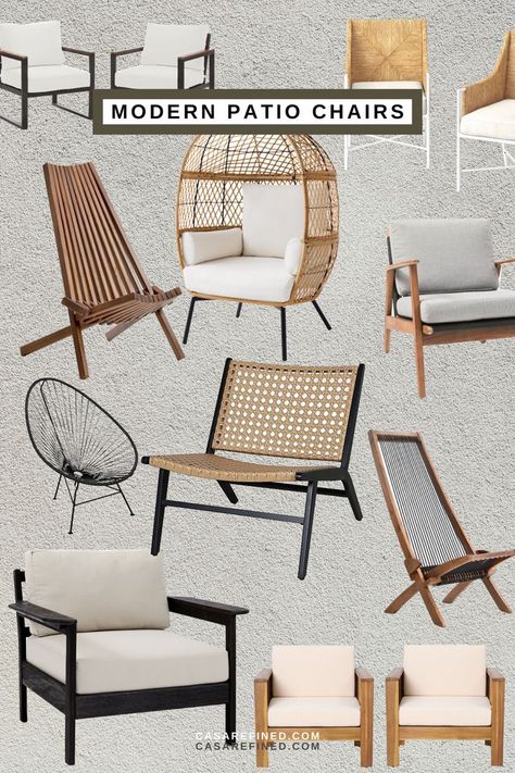 Insanely attractive outdoor patio chairs to make your space feel high-end. Many are mid century modern cahirs! Modern Porch Chairs, Modern Small Patio Ideas, Front Porch Seating Ideas Modern, Mid Century Modern Outdoor Spaces, Low Maintenance Patio Furniture, Mid Century Modern Patio Ideas, Outdoor Accent Chair, Mid Century Modern Outdoor Patio, Small Front Porch Furniture