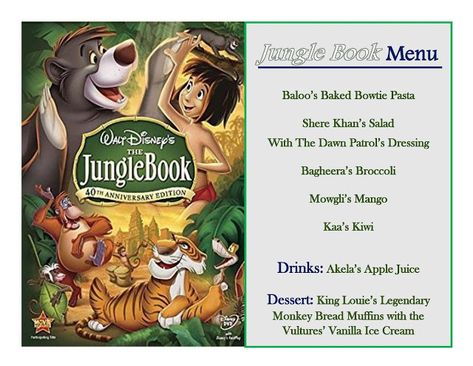 Meal Themes, Disney Dinner And Movie Night, Disney Movie Themed Dinner, Disney Cookbook, Disney Meals, Disney Movie Night Menu, Movie Recipes, Themed Meals, Jungle Book Movie