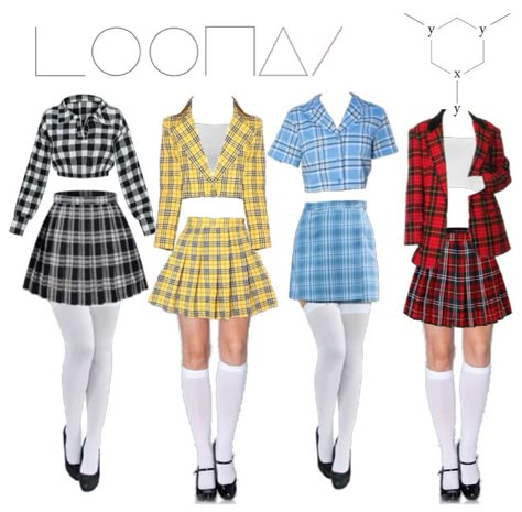 Kpop School Outfits Stage, Brithday Idol Outfit, Plaid Stage Outfit, 9 Member Girl Group Outfits, 5 Member Kpop Girl Group Outfits, Preformance Outfits, Outfit 90s, Clueless Outfits, Kpop Fashion Outfits