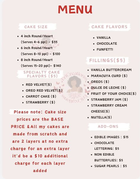 Cake Price List Design, Cake Menu Design Template, Cake Menu Design Ideas, Home Bakery Menu Ideas, Cake Pricing Calculator, Cake Price List, Bakery Food Ideas, Cake Pricing Chart, Cake Business Plan