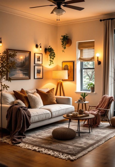 Cozy Lighting Living Room How To Create Cozy Lighting, Living Room Hygge Style, Living Room Cozy Fireplace, Living Room Lighting Aesthetic, Mood Lights Living Room, Light Filled Living Room, Light And Dark Furniture Mixed, Lights Above Couch, Uplighting Living Room