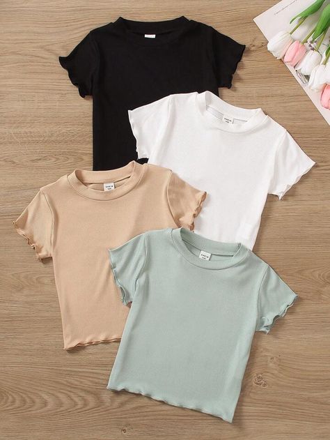 Young Girl Round Neck Knit T-Shirt | SHEIN USA Lower T Shirt, Girls T Shirts, Knitted Tshirt, Girl Top, Girls Clothing, Maternity Bag, Girls Tshirts, Fashion Online Shop, All Fashion