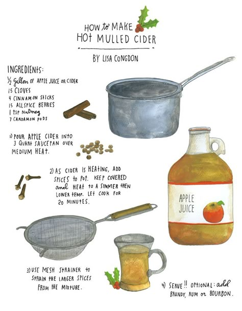 Cider Illustration, Mulled Cider Recipe, Autumn Gathering, Virgin Drinks, Pagan Holidays, Illustrated Recipes, Illustrated Recipe, Lisa Congdon, Food Christmas