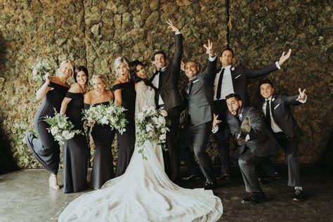 Black Bridesmaid Dresses With Greenery, Black And Gray Wedding Party, Black And Grey Bridal Party, Black And Charcoal Wedding, Black Bridesmaid Dresses Grey Groomsmen, Black Bridesmaid Dresses And Groomsmen, Black Bridesmaid Dresses Bridal Party, Black Bridesmaid Dresses Wedding Party, Wedding Party Black Dresses