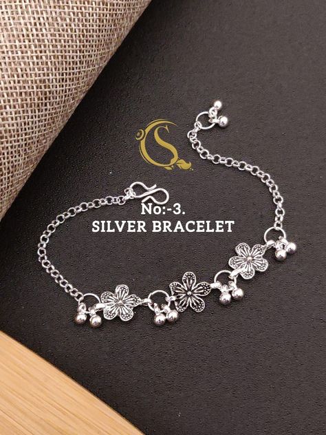 To buy this dm or whatsapp @ +91 93358 35609 #bracelet #goldenbracelet #silverbracelet #charms Silver Breslet Girl, Rakhi 2023, Payal Designs Silver, Silver Anklets Designs, Silver Payal, Oxidized Jewellery, Delicate Gold Bracelet, Silver Bracelet Designs, Gold Earrings For Kids