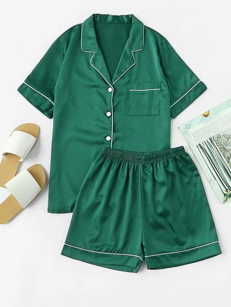 Contrast Piping Pocket Front Pajama Set | SHEIN USA Elegant Pajamas, Shorts Sleepwear, Satin Pajama Set, Satin Pajama, Contrast Piping, Satin Shirt, Pajamas Set, Boxer Shorts, Piping