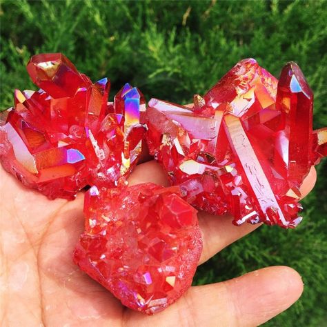 Aura Quartz Meaning, Ruby Aura Quartz, Calming Crystals, Rose Aura Quartz, Quartz Meaning, Red Aura, Rose Aura, Crystal Work, Titanium Aura Quartz