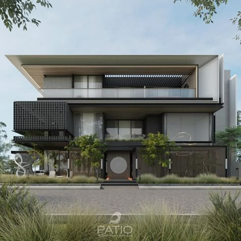 Modern Brutalist House, Behance Exterior Elevation, Residential Facade, House Facades, G+2 Villa Elevation, Malaysia House Design Exterior, Four Floor Building Elevation, Asian House Design, Bunglow Elevation Modern India