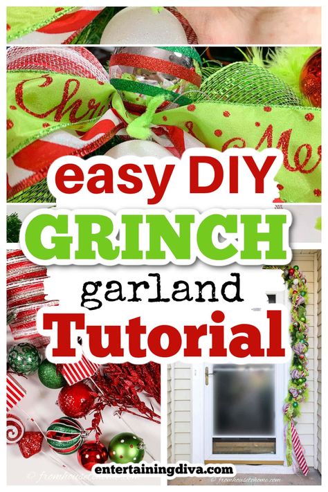 Grinch Mantel Ideas, Grinch Door Garland Diy, Diy Grinch Garland Tutorial, Grinch Stair Garland, Grinch Xmas Tree Decorations, Grinch Pool Noodles, Grinch Porch Decorations, Grinch Display Decorating Ideas, Grinch Theme Garland