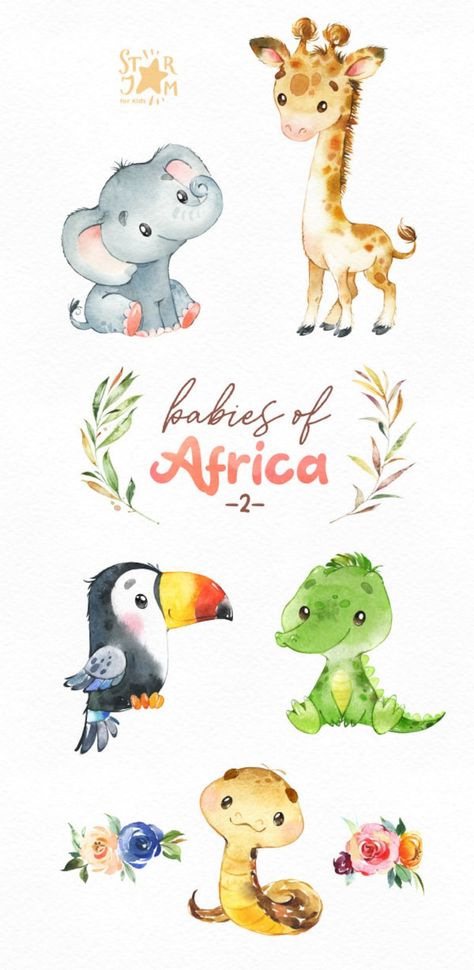 Africa Watercolor, Baby Animal Drawings, Floral Leaves, Baby Art, Hyena, Animal Clipart, Cute Animal Drawings, Jungle Animals, Watercolor Animals