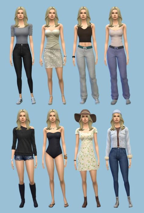 Sims 4 Characters Base Game, Sims4 Ideas People, Sims Basegame Outfits, Sims 4 Base Game Outfits Ideas Y2k, Outfit Ideas Sims 4, Basegame Sims Outfits, Sims4 Base Game Outfits, Sims 4 Clothes No Cc, Sims 4 Without Cc