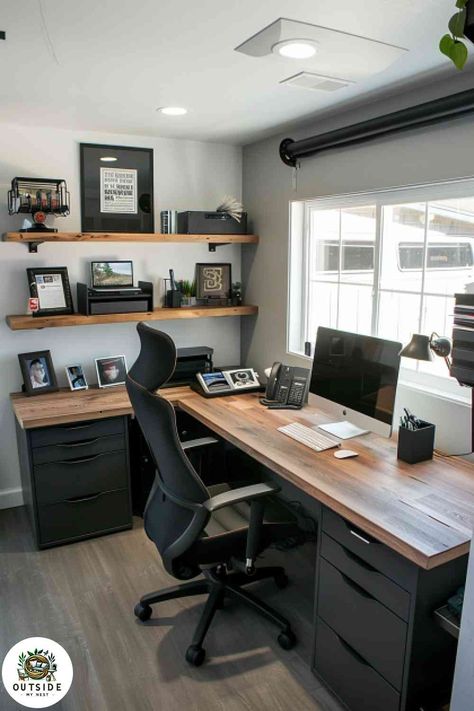 Work from home in style with this garage turned office. Calm and collected. Tap to see more home office setups! Office Garage Conversion, Husband Home Office, Men’s Office Home Ideas, Guys Office Decor Ideas, Small Garage Office Ideas, At Home Office Men, Garage Turned Into Office, Mechanic Office Ideas, Home Office Decor For Men Ideas