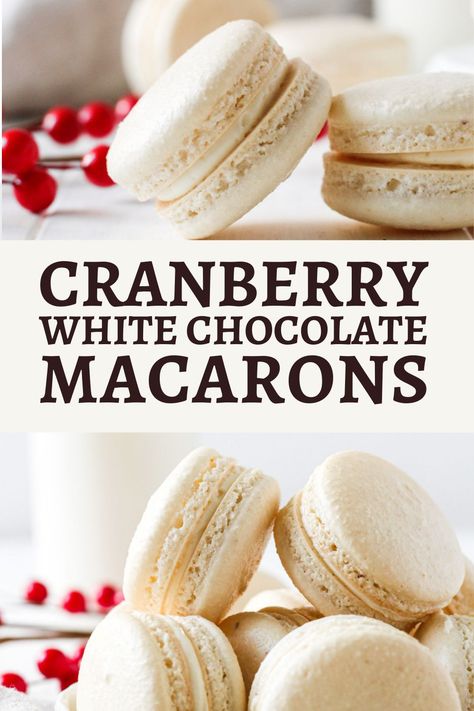 Cranberry White Chocolate Macarons are delightful cookies made with a cranberry filling and white chocolate Swiss meringue buttercream. It’s the perfect holiday cookie! #whitechocolate #macarons #thesweetoccasion Cranberry Orange Macarons, Swiss Macarons, Pecan Pie Macarons, Winter Macarons, Holiday Macarons Flavors, Christmas Macarons Flavors, Cranberry Macarons, Macaron Christmas Flavors, Red Velvet Macaroons