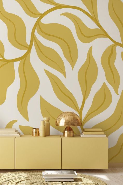 Green Leaf Wallpaper, Interior Murals, Living Room Murals, Retro Living Rooms, Bedroom Murals, Boho Wallpaper, Vintage Bedroom, Mural Design, Mural Wall Art