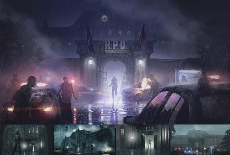 Resident Evil Police Station, Resident Evil Landscape, Resident Evil Raccoon City, Evil Raccoon, Manga Ideas, Resident Evil 2, Scene Art, Game Concept Art, Police Station