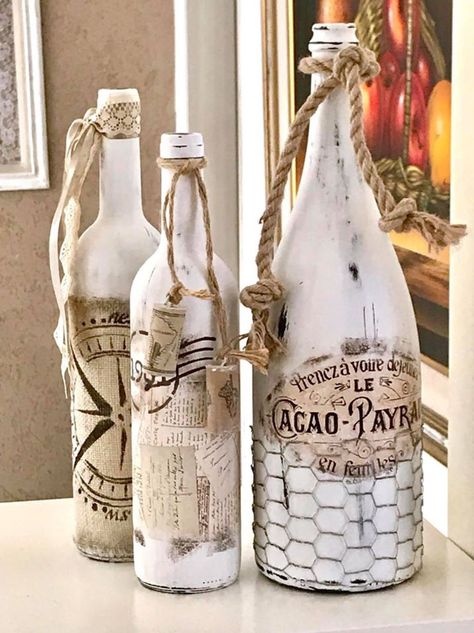 Wine Bottles In The Garden, Wine Bottle Crafts With Lights, Bottles In The Garden, Crafts With Lights, Bottle Art Painting, Bottle Decoration Ideas, Creative Art Projects, Liquor Bottle Crafts, Empty Wine Bottles