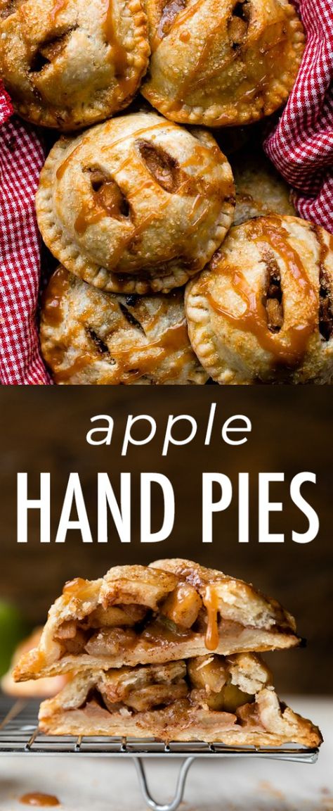 Homemade apple hand pies with buttery flaky pie crust and a juicy cinnamon apple pie filling! Topped with salted caramel, these mini apple pies are both delicious and adorable. Recipe on sallysbakingaddiction.com Bake Apples, Buttery Flaky Pie Crust, Caramel Dessert, Cinnamon Apple Pie, Homemade Apple Pie Filling, Apple Hand Pies, Mini Apple Pies, Apple Pie Filling, Flaky Pie Crust