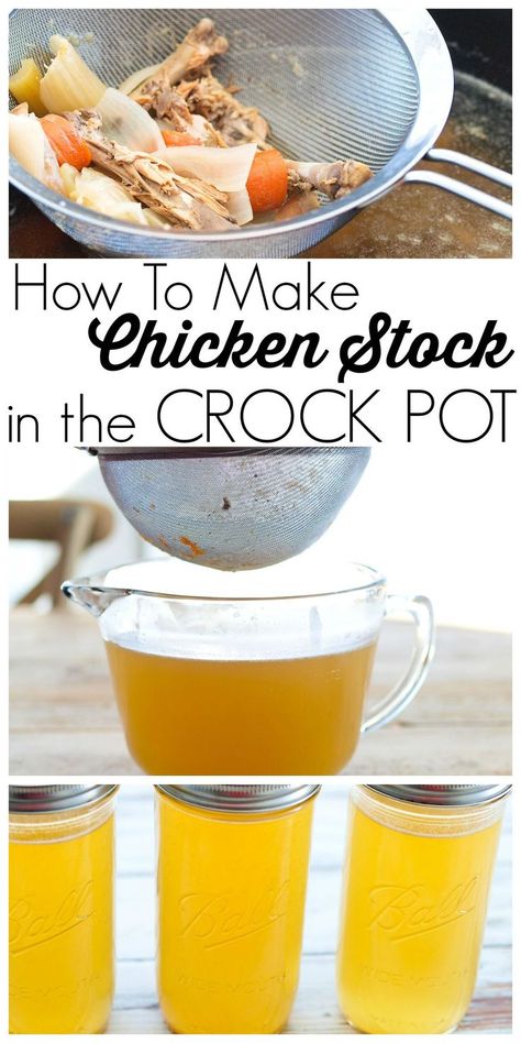 Crockpot Chicken Stock, Make Chicken Stock, Make Chicken Broth, Chicken Broth Recipes, Chicken Stock Recipe, Homemade Bone Broth, Homemade Chicken Stock, Easy Crockpot Chicken, Bone Broth Recipe