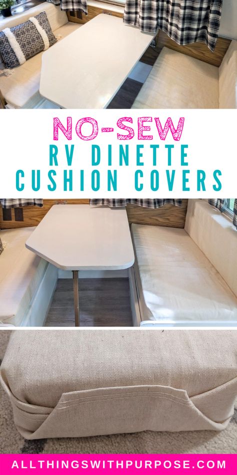 Easy No-Sew Dinette Cushion Covers for Your RV Recovering Rv Dinette Cushions, Rv U Shape Dinette Remodel, Rv Dinette Remodel, Rv Transformation, Skoolie Design, Camper Cushion Covers, Rv Dinette Cushion Covers, Rv Cushions, Camper Updates