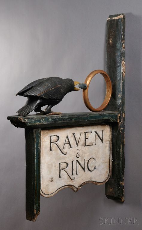 Carved and Painted RAVEN & RING Tavern Sign | Sale Number 2608M, Lot Number 258 | Skinner Auctioneers Taverna Medieval, Raven Ring, Tavern Sign, Storefront Signs, Trade Sign, Crows Ravens, Pub Signs, Old Signs, Web Banner Design