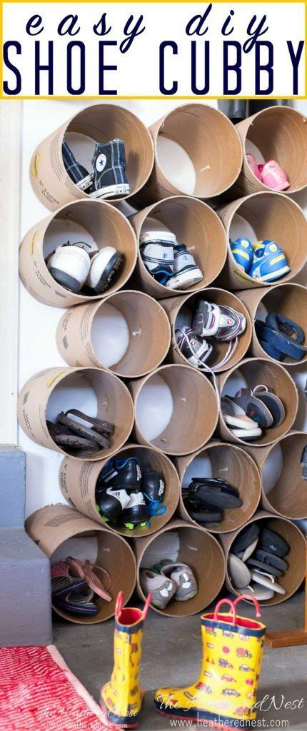 This is AWESOME. Inexpensive DIY shoe storage / shoe cubbies made from concrete form tubes/sonotube! So smart!! This should only take an hour or so to put together. #shoestorage #shoeorganizer #shoecubbies #shoestorageDIY #shoestorageideas #organization Kids Shoe Storage, Shoe Cubbies, Diy Shoe Rack Ideas, Shoe Storage Diy, Diy Shoe Storage, Shoe Cubby, Diy Shoe Rack, Diy Shoe, Concrete Forms