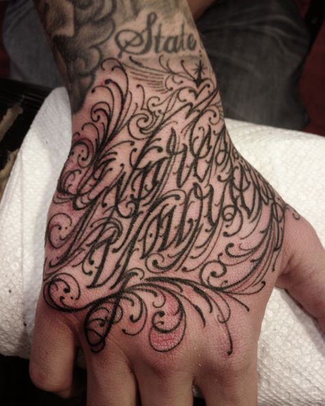 Cool Verse Tattoo Idea - Hand Lettering Tattoo by Three Kings Tattoo Arm Lettering Tattoo, Lettering Hand Tattoo, Hand Lettering Tattoo, Letter Tattoos On Hand, Back Of Hand Tattoos, Three Kings Tattoo, Tattoos On Hand, Kings Tattoo, Mens Body Tattoos