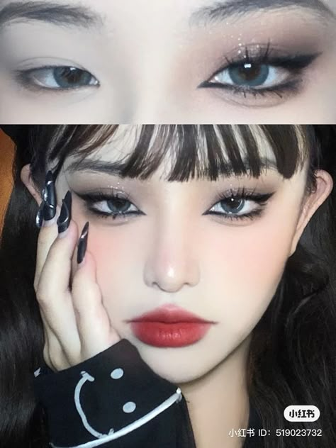 Hooded Eye Black Makeup, Dark Douyin Eye Makeup, Asian Goth Makeup Tutorial, Asian Hooded Eyes Makeup, Douyin Makeup Dark Eyes, Douyin Makeup For Hooded Eyes, Douyin Goth Makeup, Dark Asian Makeup Looks, Dark Makeup Hooded Eyes