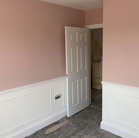 White Wall With Pink Accent, Pink Bedroom Feature Wall, Pink Paneling Bedroom, Pink Wall Trim, Pink And White Panelling, White Walls With Pink Accent Wall, Pink Panel Bedroom, Half Pink Wall, Half Pink And White Wall