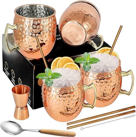 Amazon.com: SuproBarware Moscow Mule Mugs Copper Mule Cup Kit 18oz Set of 4 with Handle Large Copper Hammered Plating Cups with 0.5oz Double Jigger, Stainless Steel Straws, Spoon for Cold Drinks Cocktails Wine : Home & Kitchen Mule Mugs, Moscow Mule Cocktail, Mule Cocktail, Copper Moscow Mule Mugs, Copper Cups, Cocktail Cup, Didgeridoo, Copper Mugs, Stainless Steel Straws