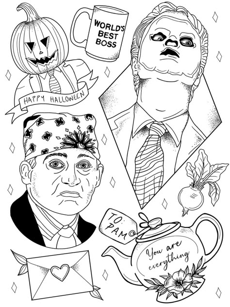 Prison Mike Tattoo, Michael Scott Tattoo, The Office Drawing Ideas, The Office Doodles, Dwight Schrute Tattoo, Dwight Tattoo, The Office Coloring Pages, Office Tattoo Ideas, The Office Tattoo Ideas