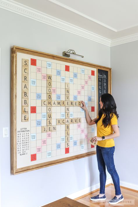 How To Make A DIY Giant Wall Scrabble Game Board | #DIY #diyhomedecor #scrabble #games #entertainment His And Her Bathroom And Closet, Playroom Entryway Ideas, Game Tables In Basement, Board Game Storage Dining Room, Diy Bar Games, Bumper Pool Table Game Rooms, Small Recreation Room Ideas, Basement Bar Game Room, Game Shop Design Ideas