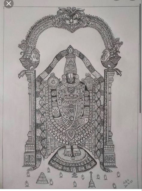 Lord Venkateswara Mandala Art, Lord Venkateswara Paintings, Lord Balaji Drawing, Lord Venkateswara Drawings, Temple Drawing, Lord Venkateswara, Indian Traditional Paintings, Fork Art, Sketch Images