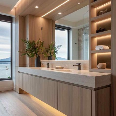 Master’s Bathroom Ideas, Japanese Luxury Bathroom, Mediterranean Inspired Bathroom, Japandi Master Bath, Japanese Modern House Minimalism, Bathroom With Two Sinks, Hotel Bathroom Design Luxury, Modern Japanese Bathroom, Japandi Style Bathroom