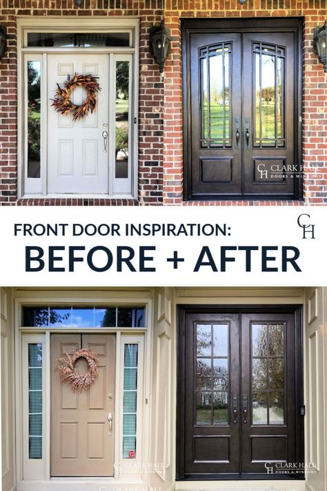 Single Door To Double Door Entry Before And After, All Glass Front Door Modern, Traditional Modern Front Door, Homes With Double Front Doors, Exterior Glass Doors Front Entry, Single To Double Door Entry, Single Front Door To Double Doors, Before And After Front Door Makeover, Farmhouse Double Doors Entrance