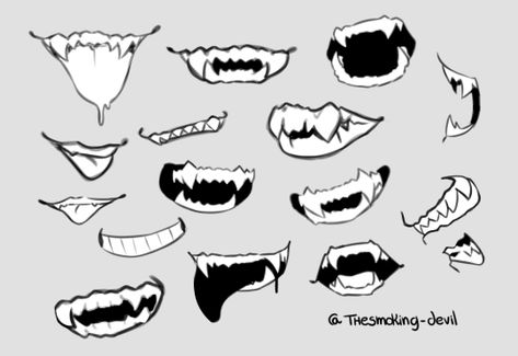 Fang Teeth Art Reference, Fang Teeth Drawing, Fang Mouth Drawing Reference, Fang Mouth Drawing, Vampire Fangs Drawing Reference, Smile Base Drawing, Anime Fang Mouth, Mouth Snarl Drawing, Monster Mouths Drawing