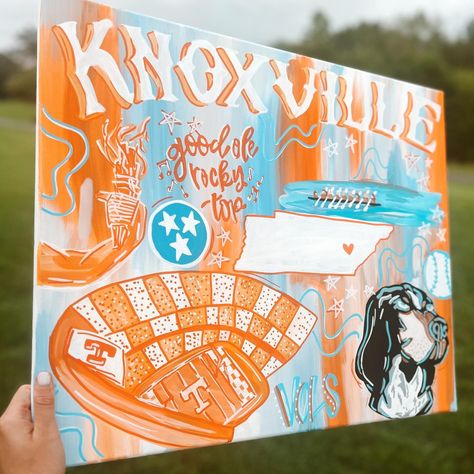 My first Tennessee custom and I am in love with how it turned out 🧡💙🤍 • • #tennessee #tennesseevols #vols #tennesseevolsbasketball #tenneesseevolsbaseball #small #smallbusinessowner #smallbusinesssupport #orange Tennessee Dorm Paintings, Tennessee Painting Ideas, Tennessee Painting, Utk Dorm, Football Painting, Tennessee Crafts, College Dorm Art, Dorm Paintings, Tn Football