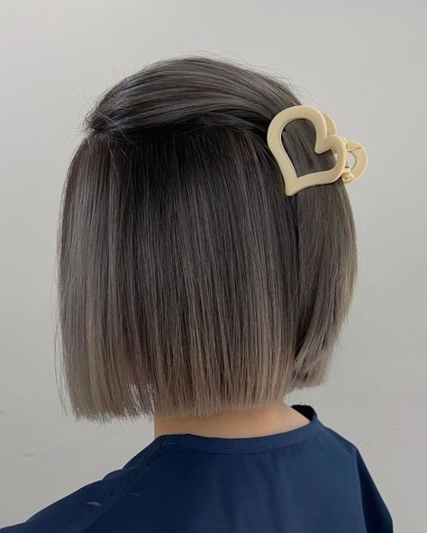 Brown Bob with Subtle Gray Highlights Highlights For Gray Hair, Ash Gray Hair Color, Grey Brown Hair, Ash Grey Hair, Gray Highlights, Root Stretch, Platinum Hair Color, Gray Balayage, Brown Bob