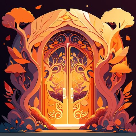 Vector a magical orange door nft collect... | Premium Vector #Freepik #vector #entrance #cartoon-door #door-illustration #door-design Fantasy Door Art, Magic Door Illustration, Door Concept Art, Door Digital Art, Door Cartoon, Fantasy Door, Door Illustration, Dnd Locations, Magical Door