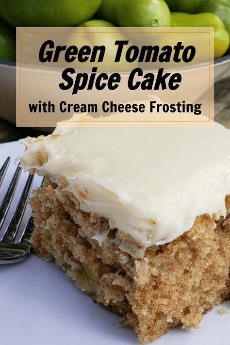 Got a bumper crop of green tomatoes? Make this incredible green tomato spice cake recipe that uses 4 cups of chopped green tomatoes. This sweet dessert tastes just like a spice cake and is incredibly moist. Top with a homemade 3-ingredient cream cheese frosting for a delicious fall dessert. Get the recipe now. Tomato Spice Cake, Uses For Green Tomatoes, Green Tomato Spice Cake, Tomato Dessert Recipes, Green Tomato Muffins, Green Tomato Cake, Spice Cake Muffins, Recipes Using Green Tomatoes, Recipes For Green Tomatoes