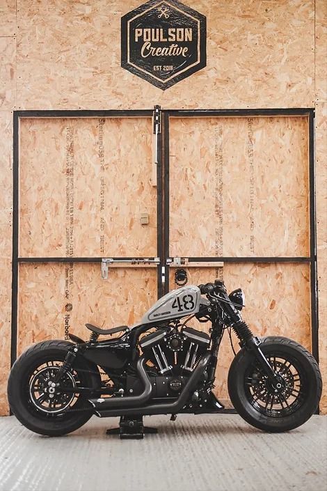 HD Sportster Bobber ‘Gloss grey 48’ by Poulson Creative Hd Iron 883, Hd 48 Forty Eight, Harley 48 Bobber, Harley Davidson Heritage Classic, Iron 883 Bobber, Harley Forty Eight, Harley Sportster Bobber, 883 Bobber, Harley Sportster 48