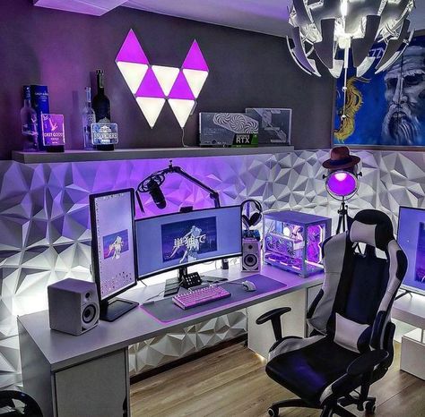 Gaming Setup Bedroom, Games Room Inspiration, Small Game Rooms, Gaming Desk Setup, Best Gaming Setup, Computer Gaming Room, Computer Desk Setup, Gamer Room Decor, Video Game Room Design