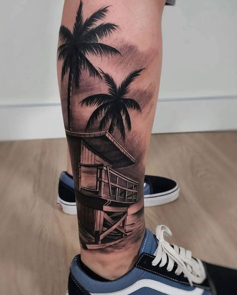 Palm Tree Leg Tattoo, Half Leg Tattoo Men Sleeve, Tree Leg Tattoo, Buddha Tattoo Sleeve, Hawaii Tattoo, Family Tattoo Ideas, Tropical Tattoo, Poseidon Tattoo, Florida Tattoos