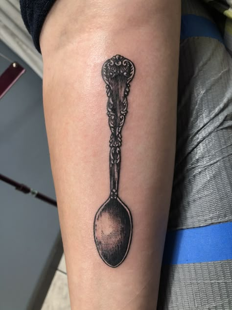 Vintage Spoon Tattoo, Tea Spoon Tattoo, Antique Spoon Tattoo, Silverware Tattoo, Teaspoon Tattoo, Spoon Tattoo Ideas, Spoon Theory Tattoo, Spoonie Tattoo, Spoon Tattoo