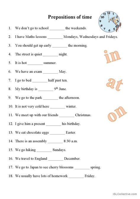 Preposition Of Time Activities, Time Worksheets Grade 2, English Reading Skills, Conversation English, Advance English, Preposition Worksheets, English Prepositions, English Worksheets For Kindergarten, Math Magic