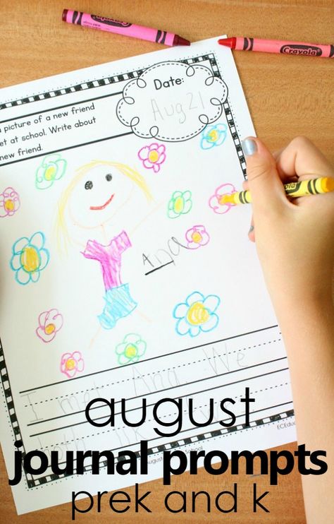 August Journal Prompts for Preschool and Kindergarten--includes 25 prompts about seasonal and nonseasonal ideas Journal Writing Prompts Prek, Writing Prompts For Preschoolers, Kindergarten Writing Journal Ideas, Fine Motor Journal Ideas, Prek Goals, Prek Journals, Preschool Journal Prompts, August Journal Prompts, August Writing