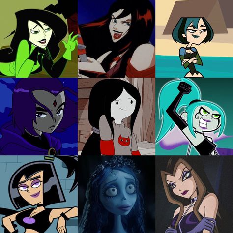 Black Haired Movie Characters, Gothic Characters Movies, Dark Haired Characters For Halloween, Niche Cartoon Characters, Nickolodian Characters 90s, Black Haired Costume Ideas, All Black Character Costumes, Costumes For Long Black Hair, Halloween Costumes Women With Black Hair