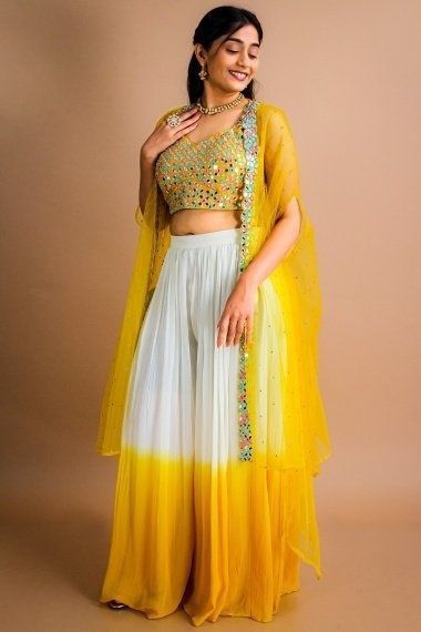 Outfit For Haldi Function, Outfit For Haldi, Haldi Dress Ideas, Haldi Ceremony Outfit, Long Shrug, डिजाइनर कपड़े, Haldi Dress, Haldi Outfits, Wedding Dress Designers