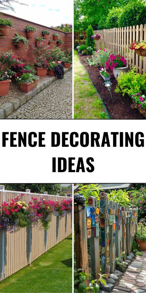 30 Fence Decorating Ideas to Transform Your Backyard into a Stunning Outdoor Oasis - placeideal.com Privacy Picket Fence Ideas, Wood Fence Decor Ideas, Fence Decorating Ideas Creative, Fence Post Decorating Ideas, Wooden Fence Decorating Ideas, Paint Fence Ideas Backyards, Fence Decorating Ideas, Picket Fence Decor, Picket Fence Ideas