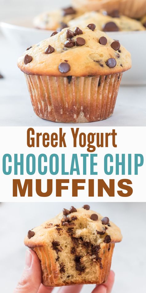 Healthy Fun Desserts, Macro Friendly Muffins, Greek Yogurt Chocolate, Healthy Chocolate Chip Muffins, Chocolate Chip Muffins Easy, Yogurt Chocolate, Greek Yogurt Muffins, Chocolate Chip Muffin, Macro Recipes