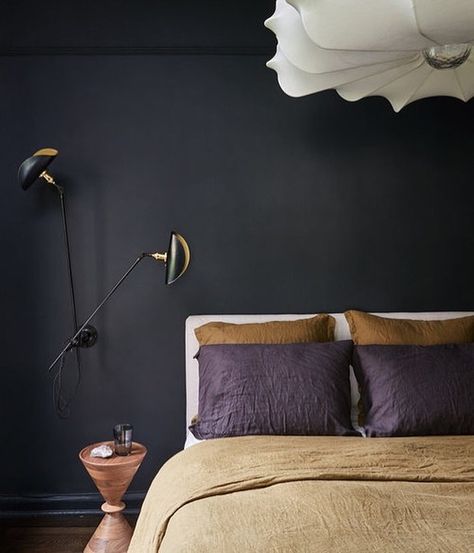 Farrow and Ball Off Black Bedroom Black Bedroom Sets, Bedroom Decorating Tips, Stylish Bedroom Design, White Butterflies, Black Bedroom Furniture, Scarf Collection, Small Bedroom Designs, Black Bedroom, Dark Walls